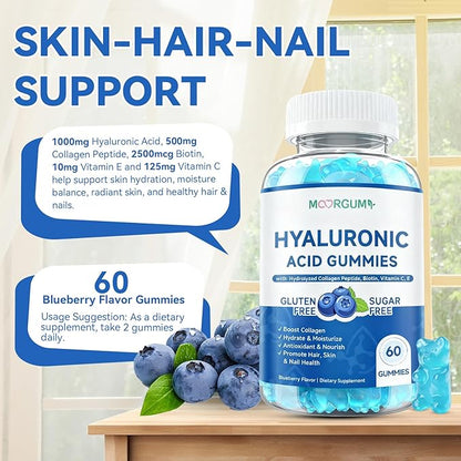 1000mg Hyaluronic Acid & Collagen Peptide Supplements with Biotin, Vitamins C & E - Hair Skin Nails Health Support for Men & Women, Blueberry Flavor, Gluten-Free 60 Gummies