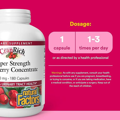 Natural Factors CranRich Super Strength Cranberry Concentrate - Antioxidant Support Supplement with Cranberry Concentrate - Aids Urinary Tract & Bladder Health - 180 Capsules (180 Servings)