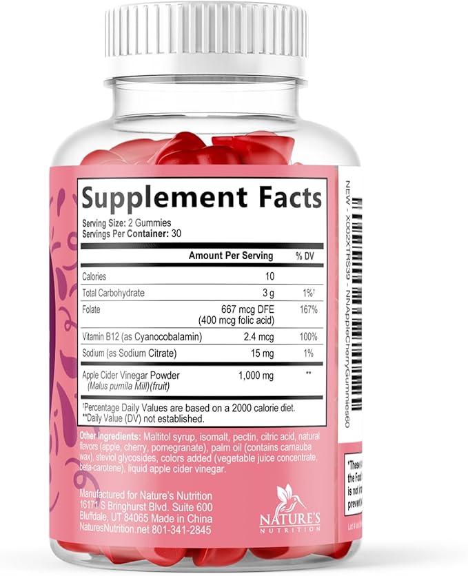 Apple Cider Vinegar Gummies 1000mg Per Serving - Sugar Free ACV Gummy Vitamins Supplement with Vitamin B12 for Energy - Keto Friendly Digestion, Detox, Cleanse Support, Vegan, Non-GMO - 60 Gummies