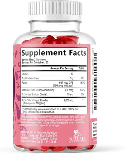 Apple Cider Vinegar Gummies 1000mg Per Serving - Sugar Free ACV Gummy Vitamins Supplement with Vitamin B12 for Energy - Keto Friendly Digestion, Detox, Cleanse Support, Vegan, Non-GMO - 60 Gummies