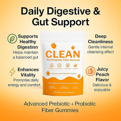 Clean Prebiotic Fiber Gummies for Men - Peach Flavor, Pre+Probiotic Fiber Gummies, Gut Balance, Digestive Support & Daily Clean Confidence, Cleaning Support Gummy 60Gummies
