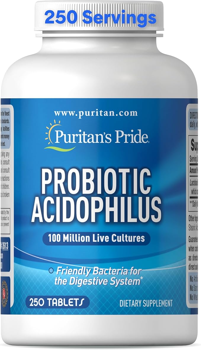 Puritan's Pride Daily Probiotic Acidophilus, 100 Million Live Cultures, Dietary Supplement for Digestive, Gut, and Immune Health, Soy, Sodium, and Gluten Free, 8 Month Supply, 250 Tablets