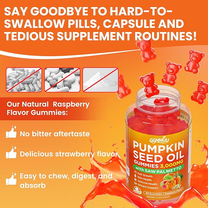 Pumpkin Seed Oil Gummies with Saw Palmetto, 3000mg Per Serving Pumpkin Seed Oil Supplement for Hair Growth, Skin Health, High Pure Extract for Women & Men, Vegan, Raspberry Flavor, 60 Count