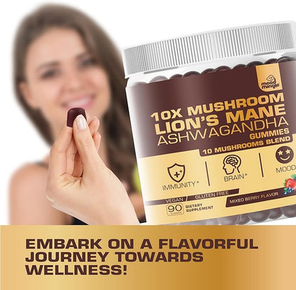 10X Lion’s Mane Mushroom Gummies for Kids Adults (4350mg) - Gluten Free Daily Supplement Complex Blend with Reishi Turkey Tail Shiitake