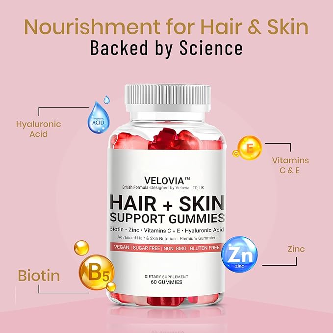 Hair, Skin & Nails Gummies for Women & Men – Sugar-Free Biotin with Hyaluronic Acid – Vegan Hair & Skin Support – 60 Gummies (30 Day Supply)