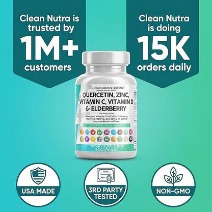 Q Defend Quercetin Supplement with Zinc Vitamin C Vitamin D Elderberry Turmeric Black Pepper Garlic Ginger Sea Moss Lysine Stinging Nettle Reishi Mushroom Immune Support 60 Capsules by Clean Nutra