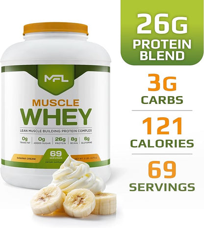 MFL Muscle Whey Protein l 28g of Protein l 8g BCAAs l Keto Friendly l Low Carbs l 5 lbs. (Banana Cream)
