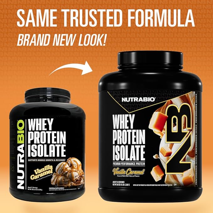 NutraBio 100% Whey Protein Isolate Protein Powder, 25g Protein with Complete Amino Acid Profile, Non-GMO, Soy & Gluten Free, Low Carb, Low Calorie Whey Protein Powder, Vanilla Caramel, 5 Lbs