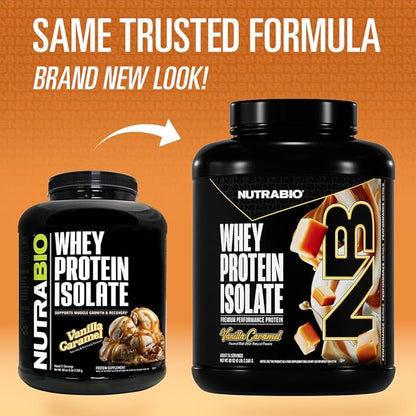 NutraBio 100% Whey Protein Isolate Protein Powder, 25g Protein with Complete Amino Acid Profile, Non-GMO, Soy & Gluten Free, Low Carb, Low Calorie Whey Protein Powder, Vanilla Caramel, 5 Lbs