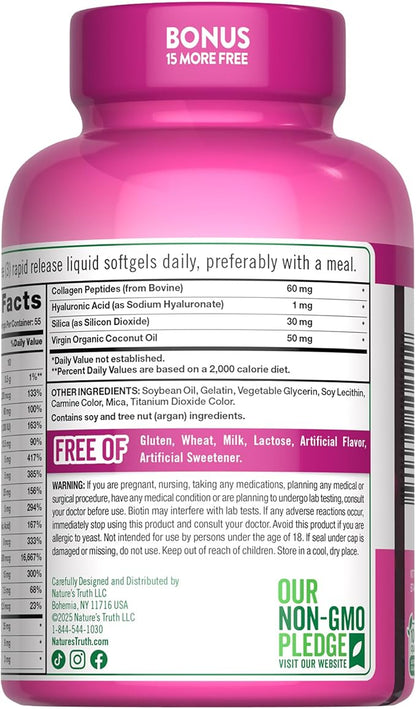 Nature's Truth Hair, Skin & Nails Vitamin | 5000 mcg Biotin | 165 Softgels | with Collagen | Non-GMO & Gluten Free Supplement