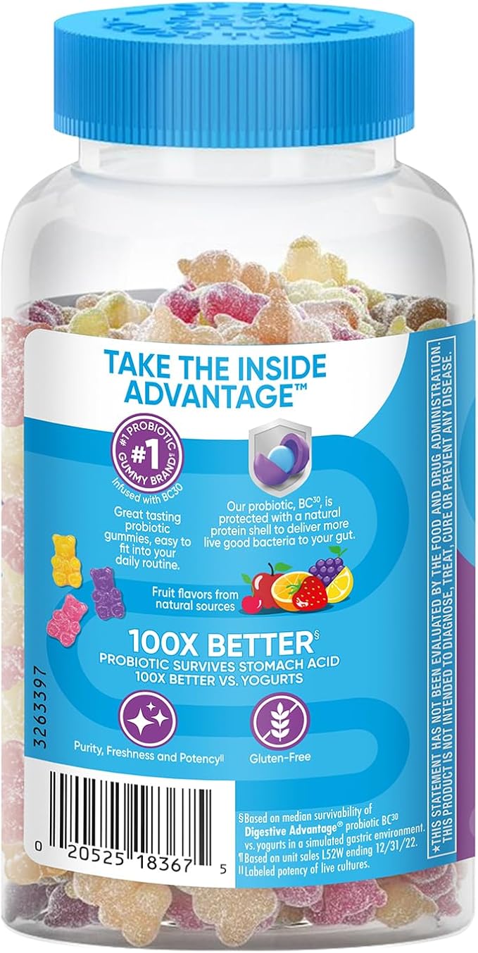 Digestive Advantage Probiotic Gummies For Digestive Health, Natural Fruit Flavors Vitamin D, Daily Probiotics For Women &Men Occasional Bloating, Minor Abdominal Discomfort & Gut Health, 80ct (2 Pack)
