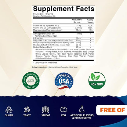Vitamatic Cortisol Health Support - 90 Veggie Capsules - Made with Adaptogenic Blend with Ashwagandha, Rhodiola, Magnolia, L-Theanine, Phosphatidylserine