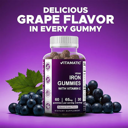 Vitamatic Iron 65 mg Gummies Supplement for Women & Men - 60 Vegan Gummies - Great Tasting Iron Gummy Vitamins with Vitamin C (1)