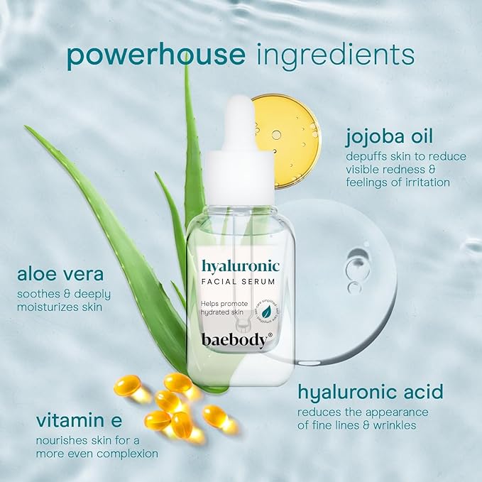 Baebody Critically Acclaimed Hyaluronic Acid Serum for Face - Anti Aging Hyaluronic Acid Face Serum with Vit E and Jojoba Oil - Plumping and Hydrating (1 oz/30 ml)