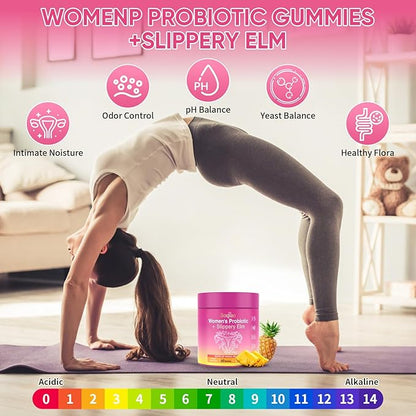 Feminine Probiotics Gummies with Slippery Elm - 60 Pineapple Gummies for Women ph Balance, Vaginal Probiotics Supports Flora, Gut Health & Immune System, Prebiotics & Lactobacillus Blend (Pineapple)