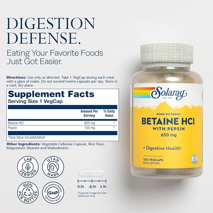 Solaray High Potency Betaine HCL with Pepsin - Hydrochloric Acid Supplement for Digestive Health - with Betaine Hydrochloride and Digestive Enzymes - Gut Health Support - 60-Day Guarantee, 100 VegCaps