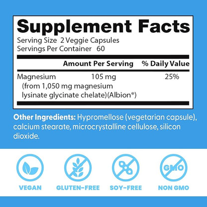 Doctor's Best High Absorption Magnesium Glycinate Lysinate Supplement for Sleep Support - Chelated Magnesium Capsules for Women & Men, 105 mg per Serving, Calm Support, Vegan - 120 Veg Caps