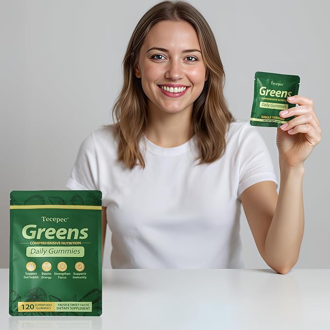 Greens Daily Gummies, Superfood Fruits and Veggies Blend with Spirulina, Chlorella, Prebiotics & Fiber, Adaptogens Multivitamin Supplement for Digestive Health, Non-GMO, 120 Count