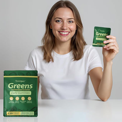 Greens Daily Gummies, Superfood Fruits and Veggies Blend with Spirulina, Chlorella, Prebiotics & Fiber, Adaptogens Multivitamin Supplement for Digestive Health, Non-GMO, 120 Count