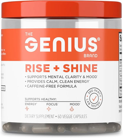 The Genius Brand Genius Rise+Shine - Nootropic Energy Formula with EnXtra, Rhodiola rosea, Cordyceps Mushroom & Theobromine - Caffeine-Free Formula - 60 Veggie Capsules