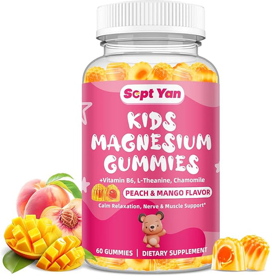 Kids Magnesium Gummies, Magnesium Glycinate Gummies for Kids & Adults with Citrate, L-Theanine, Chamomile, Vitamin B6 for Sleep, Relaxation, Brain & Muscle, Sugar Free Peach & Mango 60ct