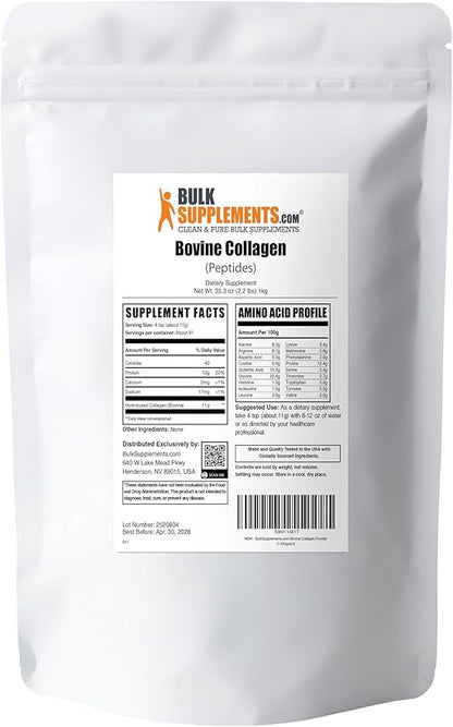 BulkSupplements.com Collagen Peptides Powder - Bovine Collagen Powder, Powdered Collagen Supplement - Hydrolyzed & Gluten Free, 11g per Serving, 1kg (2.2 lbs) (Pack of 1)