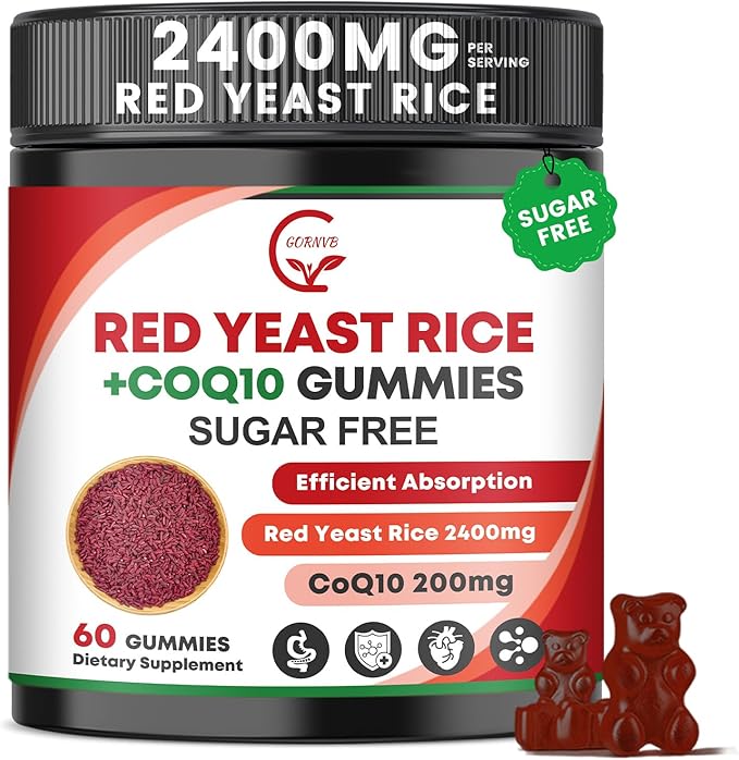GORNVB Red Yeast Rice with Coq10 Gummies, Red Yeast Rice 2400 mg with CoQ10 200 mg for Cholesterol Lowering Supplements, Sugar Free, Non-GMO, Vegan Heart Health Support – 60 Counts