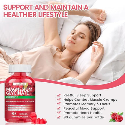Magnesium Glycinate Gummies 1000mg, High Absorption Sugar Free Magnesium Potassium Supplement for Relaxation, Stress Relief, and Sleep Support for Adults & Kids - 180 Raspberry Gummies