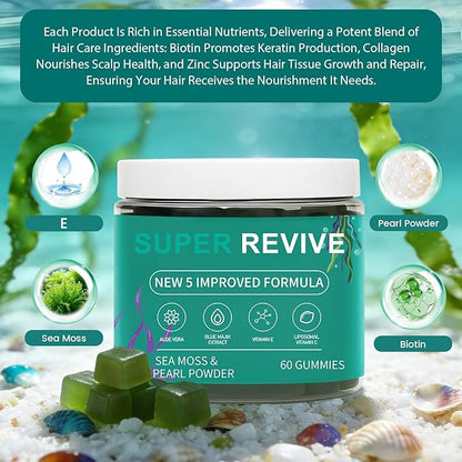 Super Revive Gummies for Hair Loss - Sea Moss Gummies with Vitamin C, E, Aloe Vera & Pearl Powder Glow, Promotes Thicker, Fuller & Stronger Hair - 60 Count