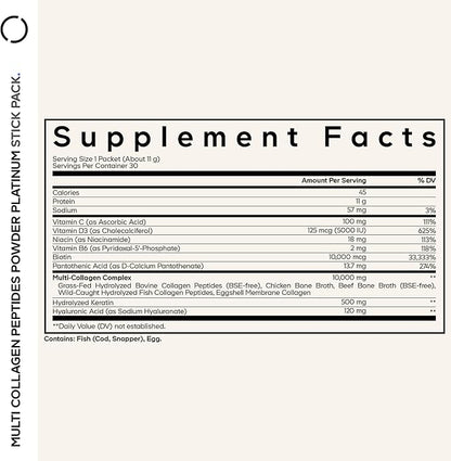 Codeage Multi Collagen and Biotin 10,000 mcg + Vitamin C, B6 & D3, Keratin, Hyaluronic Acid, Niacin, 18 Amino Acids - Stick Packs Supplement - 5 Types Collagen Protein – 30 Powder Packets