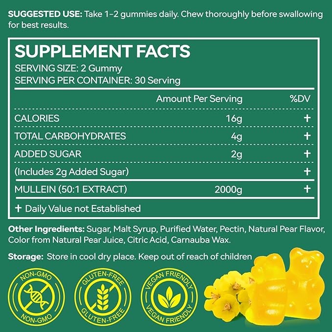 60 Count Mullein Gummies for Lung Cleanse, 2000mg Organic Mullein Leaf Extract for Lung Cleanse and Respiratory Support, Natural Mullein Herbal Supplement, Pear Flavor Gummies