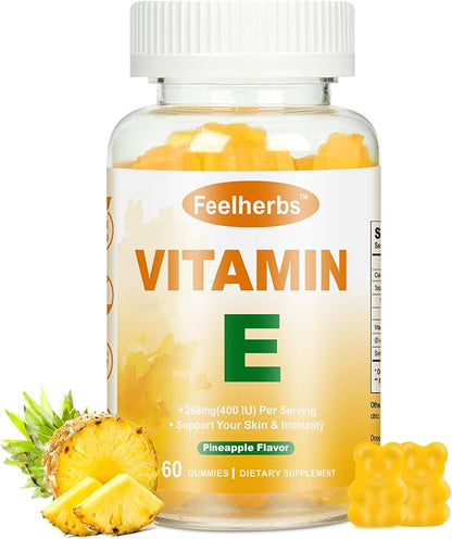 Vitamin E Gummies 268mg(400 IU) for Women Skin & Immune Support, Pineapple Flavored Vitamin E Chewable Vegan Gummies, 60 Count