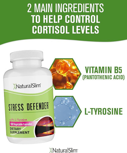NaturalSlim Stress Relief Supplement - Stress Defender, High Cortisol Reducer, Control Cravings, Sleep & Metabolism Support with Vitamin B5 Pantothenic Acid & L Tyrosine 180 Vegetable Capsules 3 Pack