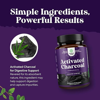 Natures Craft Activated Charcoal Pills Detox & Cleanse - Purifying Coconut Capsules with 1200 mg Per Serving for Bloating Relief - Active Detox Supplement for Body & Gut Health - 90 Count