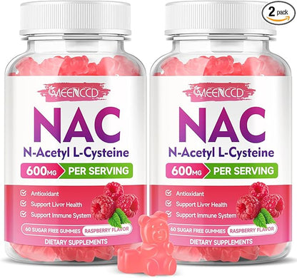 MEENCCD 2 Pack NAC Gummies, N Acetyl Cysteine 600mg NAC Supplement for Antioxidants & Immune Support, Sugar-Free, Raspberry Flavor, 120 Count