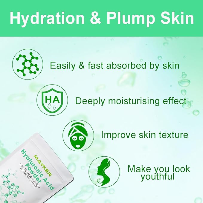 MAYKER Pure Hyaluronic Acid Powder, 0.7 oz | Low Molecular Weight, Cosmetic Grade | For DIY Serums, Creams, Moisturizers | Clear, Watery Texture After Fully Dissolved