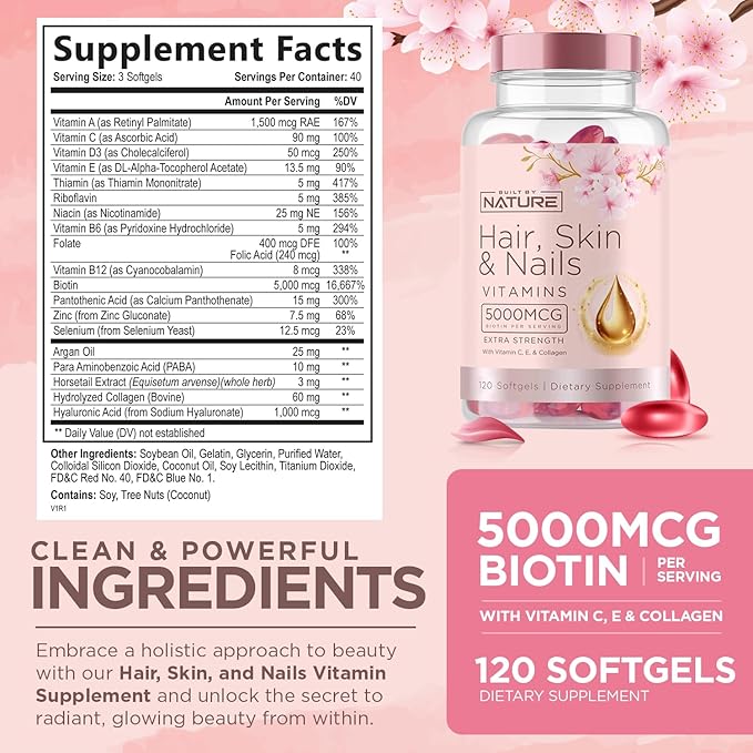 Hair Skin and Nails Vitamins – 5000mcg Biotin with Vitamin C, E, Collagen, Hyaluronic Acid, Argan & Coconut Oil – Luscious Hair Growth & Radiant Skin Supplement for Women – 120 Softgels