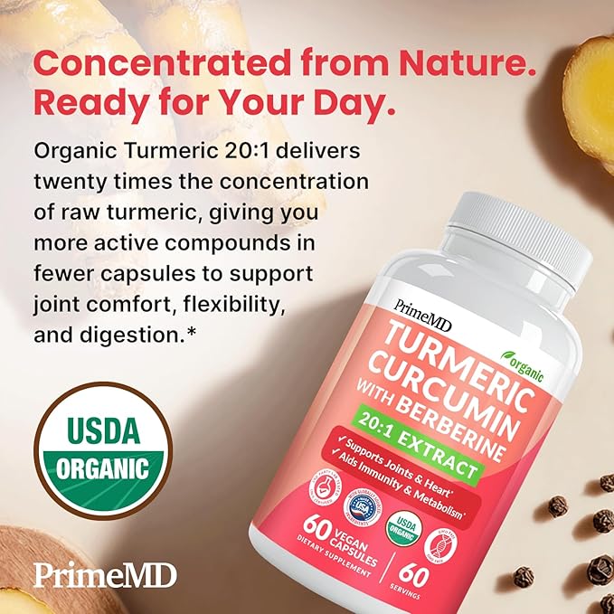 5-in-1 USDA Organic Turmeric Curcumin Supplement - 230mg with Berberine, Ceylon Cinnamon Bioperine and Ginger Supplements for Mobility, Digestion & Wellness Support, USDA Organic, 60 Servings, 1-Pack