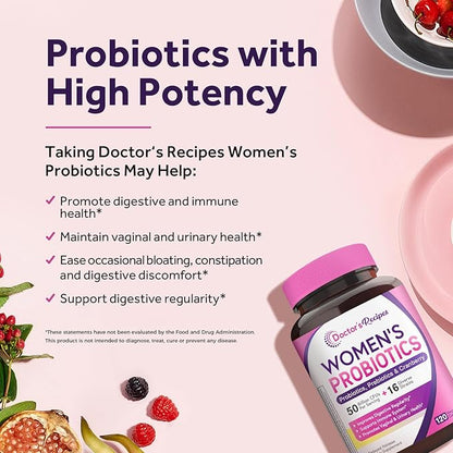 Doctor's Recipes Women's Probiotic, 120 Caps 50 Billion CFU 16 Strains, with Organic Cranberry, Digestive Immune Vaginal & Urinary Health, Shelf Stable, Delayed Release, No Soy Gluten Dairy