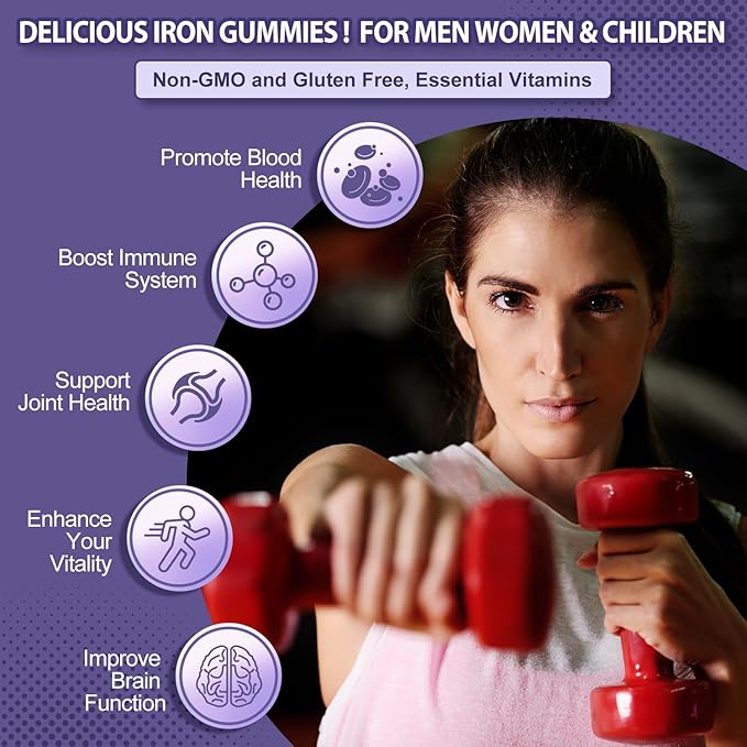 ZHPHK Iron Supplement for Women and Men, Grape Flavored Gummies 65mg and 250mg Vitamin C & Folate for Iron Deficiency and Anemia, Energy Support & Immune Health, 60 Count