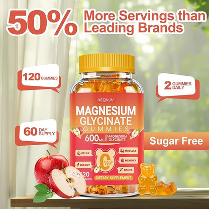 Magnesium Glycinate Gummies 600mg High Absorption, Magnesium Glycinate for Women and Men with Vitamin D, B6, and CoQ10 for Adults & Kids, Magnesium Supplement for Calm Support & Sleep, 120 Count