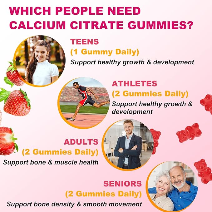 180 Count Calcium Citrate Gummies - Calcium Gummies with Magnesium & 4 Essential Vitamins Support Bone, Muscle, Teeth, Immunity, Calcium Supplements for Women & Men, Strawberry Flavor