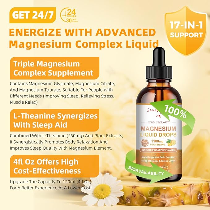 GREENPEOPLE 17-in-1 Triple Magnesium Complex Supplement,Magnesio Liquid Drops with Magnesium Glycinate & Citrate,Pineapple Flavor,Calm Mood,Muscle & Sleep for Adults,4 fl. oz 2Pack