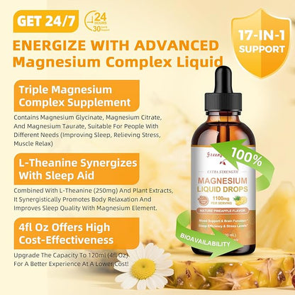 GREENPEOPLE 17-in-1 Triple Magnesium Complex Supplement,Magnesio Liquid Drops with Magnesium Glycinate & Citrate,Pineapple Flavor,Calm Mood,Muscle & Sleep for Adults,4 fl. oz 2Pack