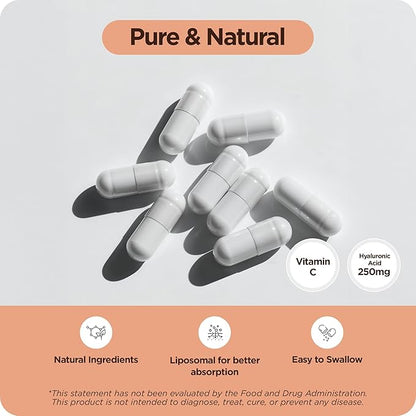 Pure Hyaluronic Acid Supplement 250mg with Vitamin C 50mg, 120 Vegan Capsules - Skin Hydration for Natural Glow, Hair, Nails, Bone & Joint Health Formula