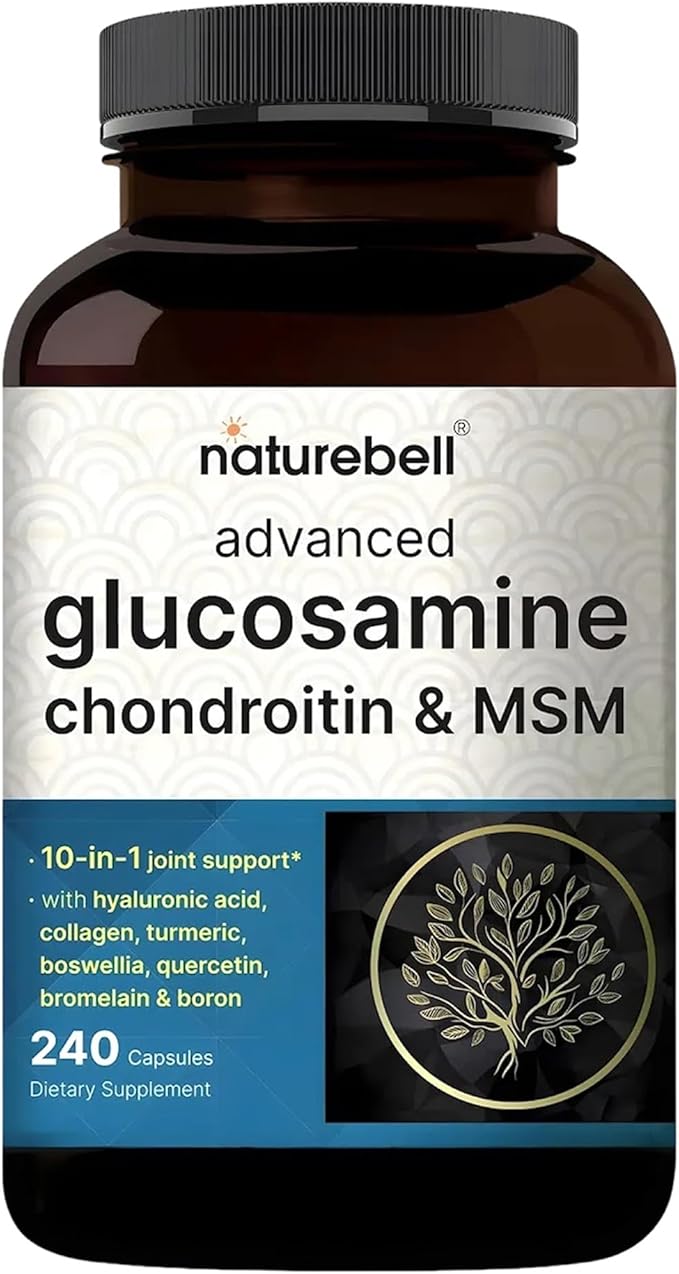 NatureBell Advanced Glucosamine Chondroitin & MSM - 240 Capsules - 10-in-1 Joint Support Complex* - Includes Hyaluronic Acid, Turmeric, Glucosamine, Collagen & More