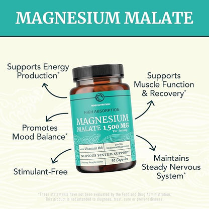 Magnesium Malate 1500MG | Energy & Nervous System Support | 300MG Elemental Mag Per Serving | High Absorption Magnesium Malate Capsules with VIT B6 + Black Pepper | Non-GMO | 90 Ct (1 Month Supply)