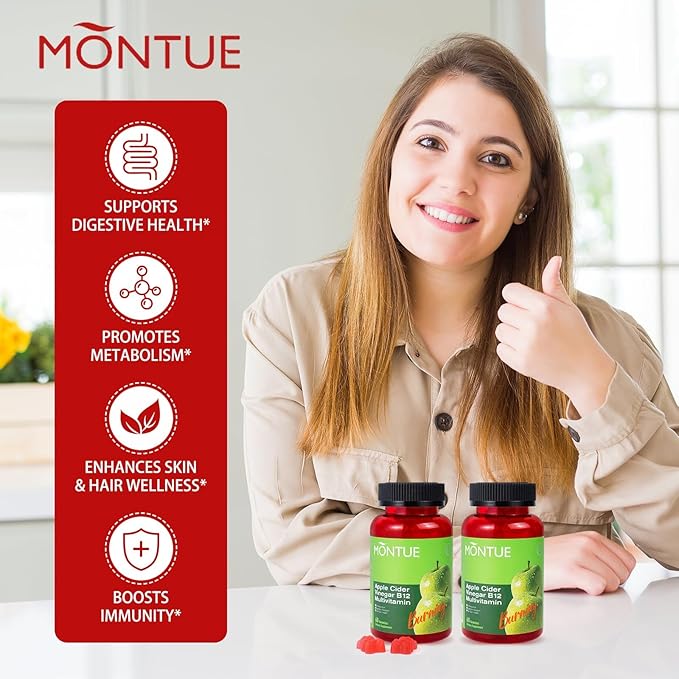 Montue NEWELLME Apple Cider Vinegar Gummies B12 Multivitamin,ACV Supplement Gummy Vitamins,Vegetarian Supplement for Women & Men,Non GMO,Support Normal Energy Levels & Gut Health 60 Gummies (60)