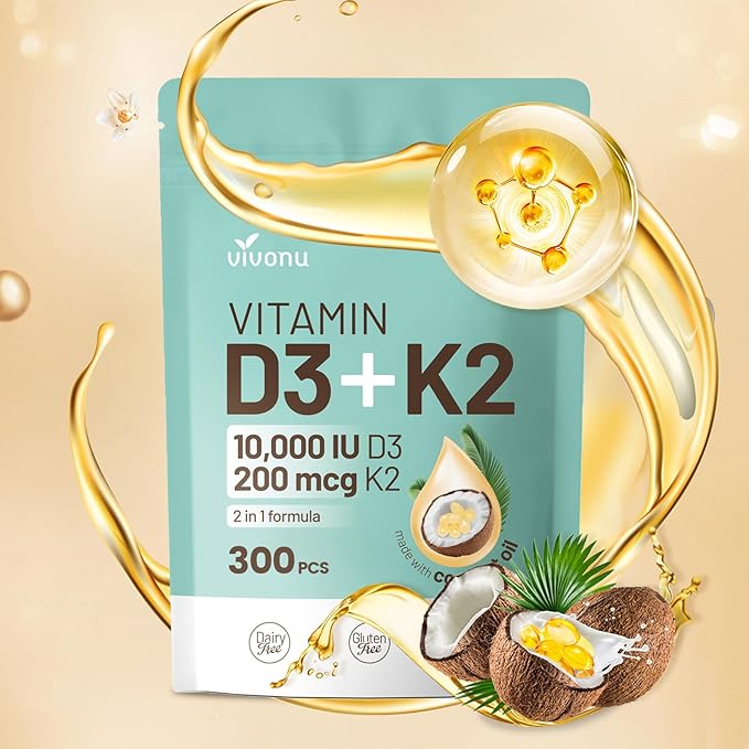 VivoNu Vitamin D3 K2 10000 IU with MK7-300 Virgin Coconut Oil Softgels, 2 in 1 Vitamins D & K Complex | Vitamina D3 con K2 ((1Bag)
