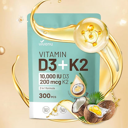 VivoNu Vitamin D3 K2 10000 IU with MK7-300 Virgin Coconut Oil Softgels, 2 in 1 Vitamins D & K Complex | Vitamina D3 con K2 ((1Bag)